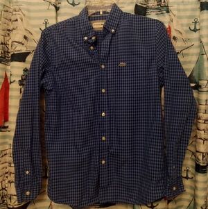 Lacoste Men's Plaid Dress Shirt Button Down Blue Black Size 40 Regular Fit